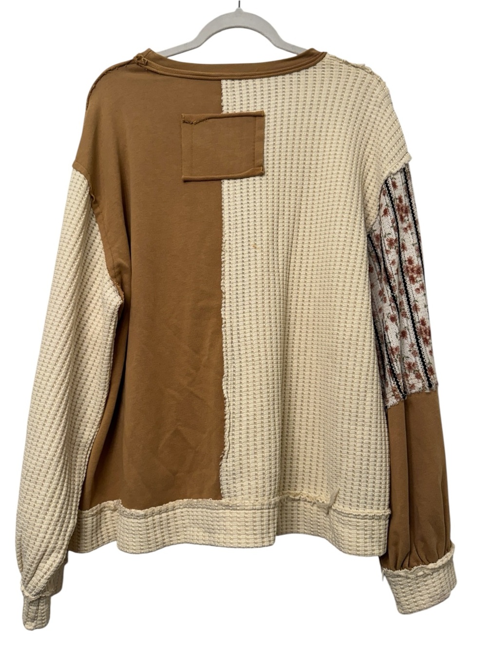 POL Patchwork Waffle Knit Boho Top Brown Cream Floral Large - Picture 5 of 5